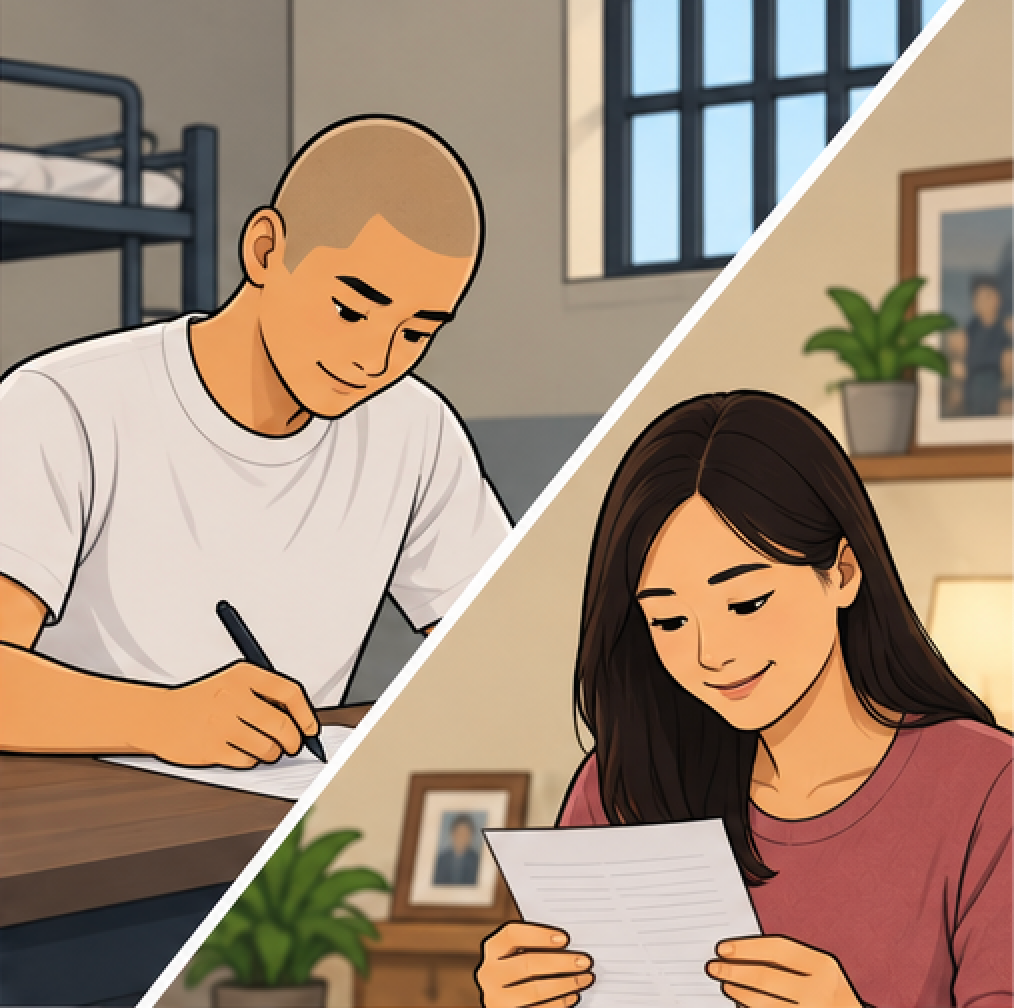 Split scene: man in tan uniform writing in cell; woman at home smiling while reading a letter.